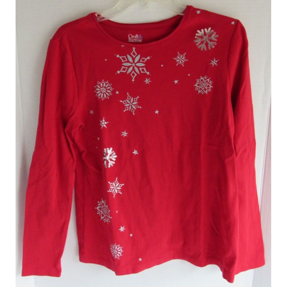 Croft & Barrow Long Sleeve Red Silver Sequin Snowflake Holiday Top Size Small
